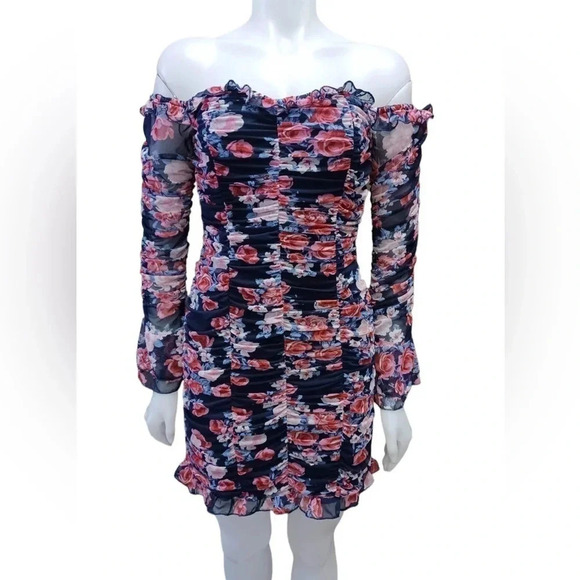 Lulu’s  Navy Blue Floral Ruching Mini Dress Size Large - Picture 2 of 10